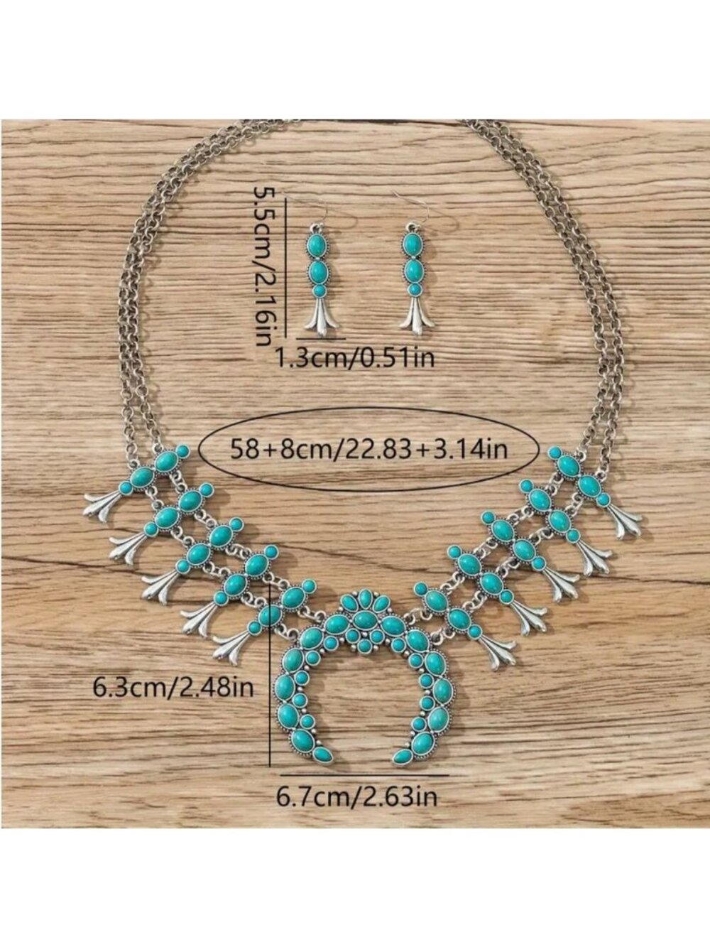 Imitation Turquoise & Silver Tone Squash Blossom Style Necklace & Earrings Set - Picture 3 of 3